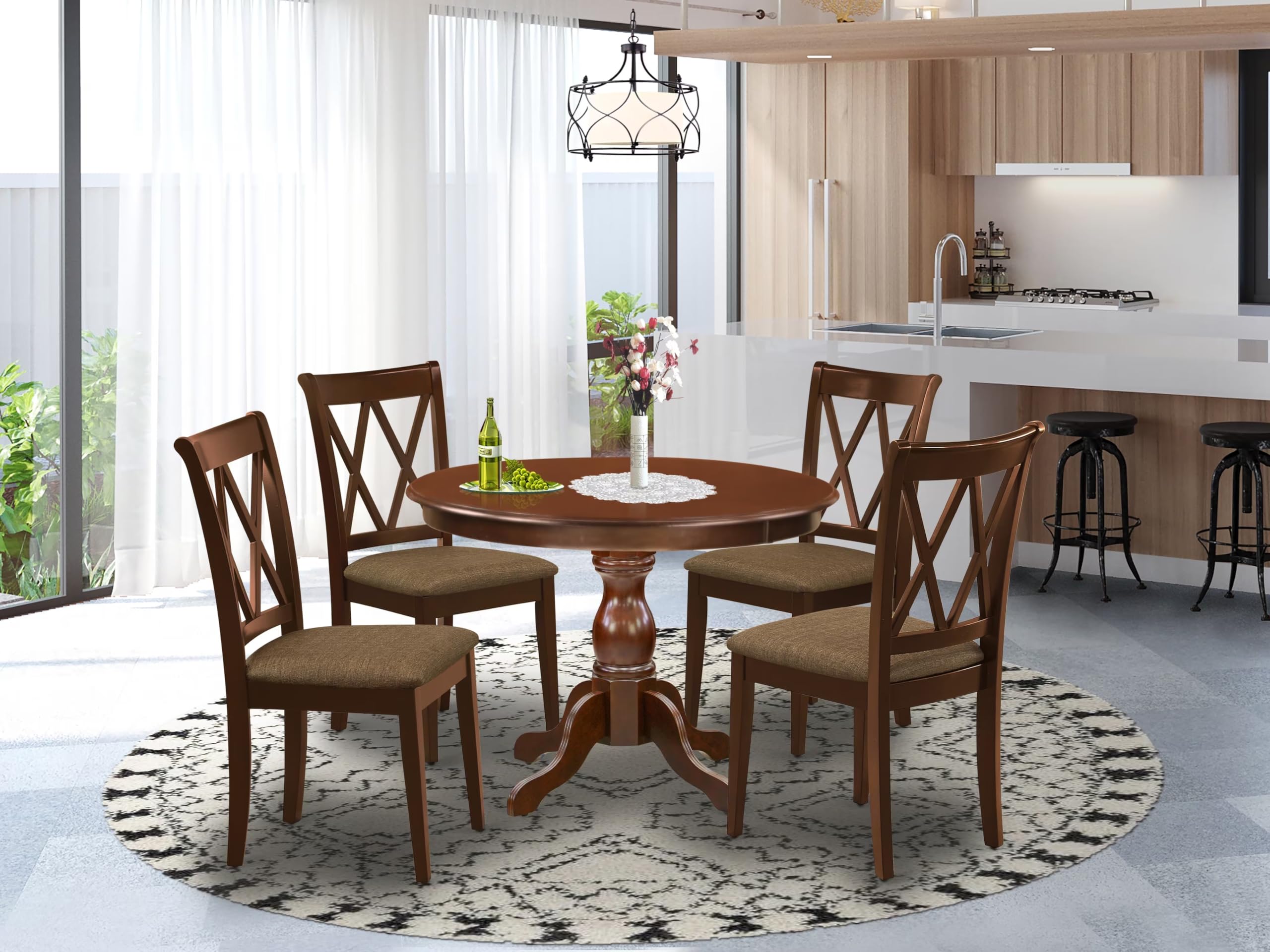 East West Furniture HBCL5-MAH-C 5-Piece Round Dining Table Set with Pedestal Base & 4 Upholstered Chairs, 42x42 Inch, Mahogany - Perfect for Kitchen, Breakfast Nook, and Small Space Dining Rooms