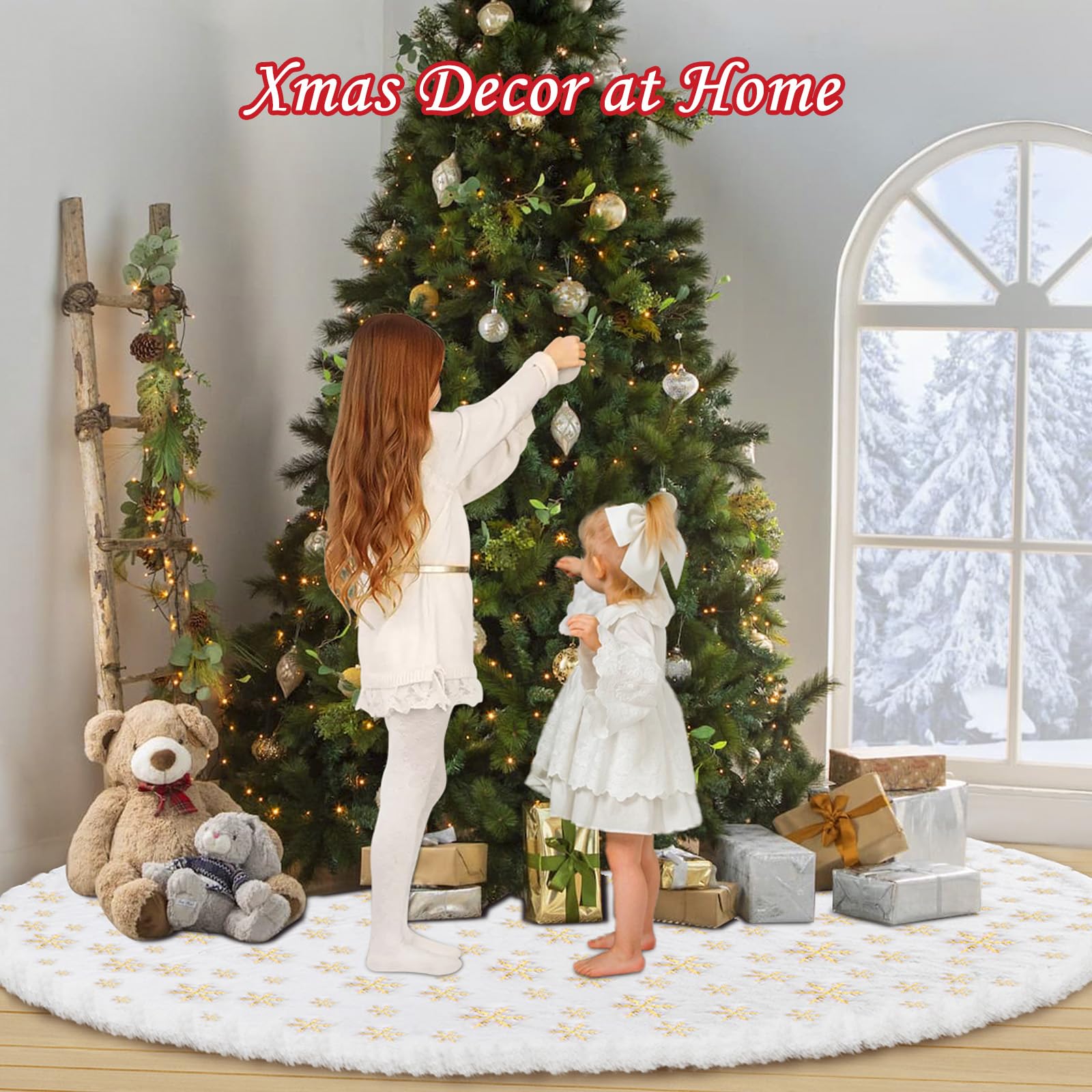 Voyoly 72 Inch Gold Snowflake White Christmas Tree Skirt - Sequin Tree Collar with Faux Fur Plush Rug for Xmas Decorations | Indoor Holiday Decor for Living Room, Bedroom & Party