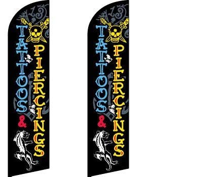 Premium 11.5ft x 2.5ft Tattoo & Piercing Advertising Flags - Durable Polyester Outdoor Business Promotion Banners (Mount/Poles Not Included) - Perfect for Tattoo Parlors, Piercing Studios, and Street Marketing Events