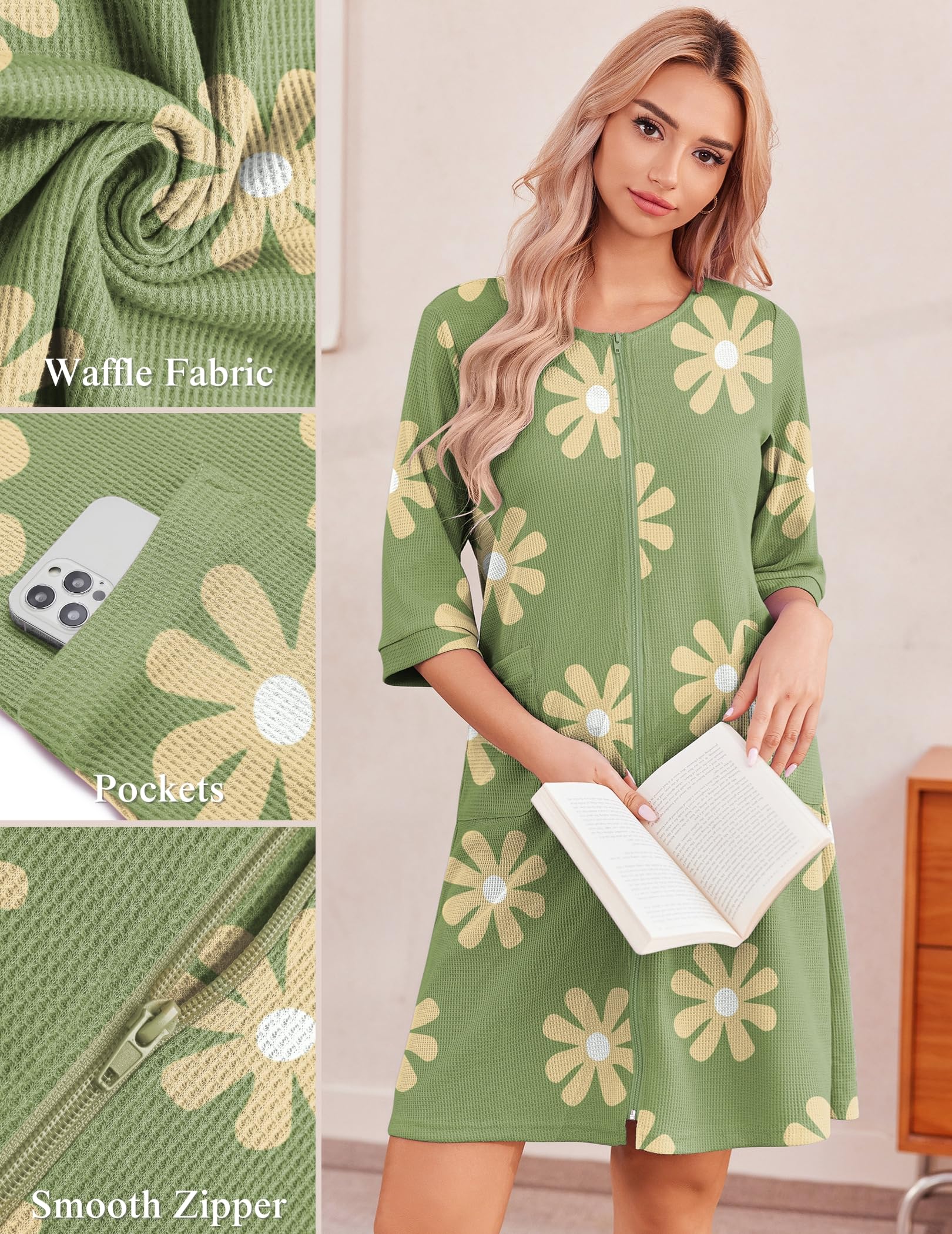 Ekouaer Women's Lightweight Short Waffle Bathrobe with Pockets - Zip Up Knee Length Housecoat Nightgown S-3XL - Perfect for Spa, Lounge & Home Relaxation