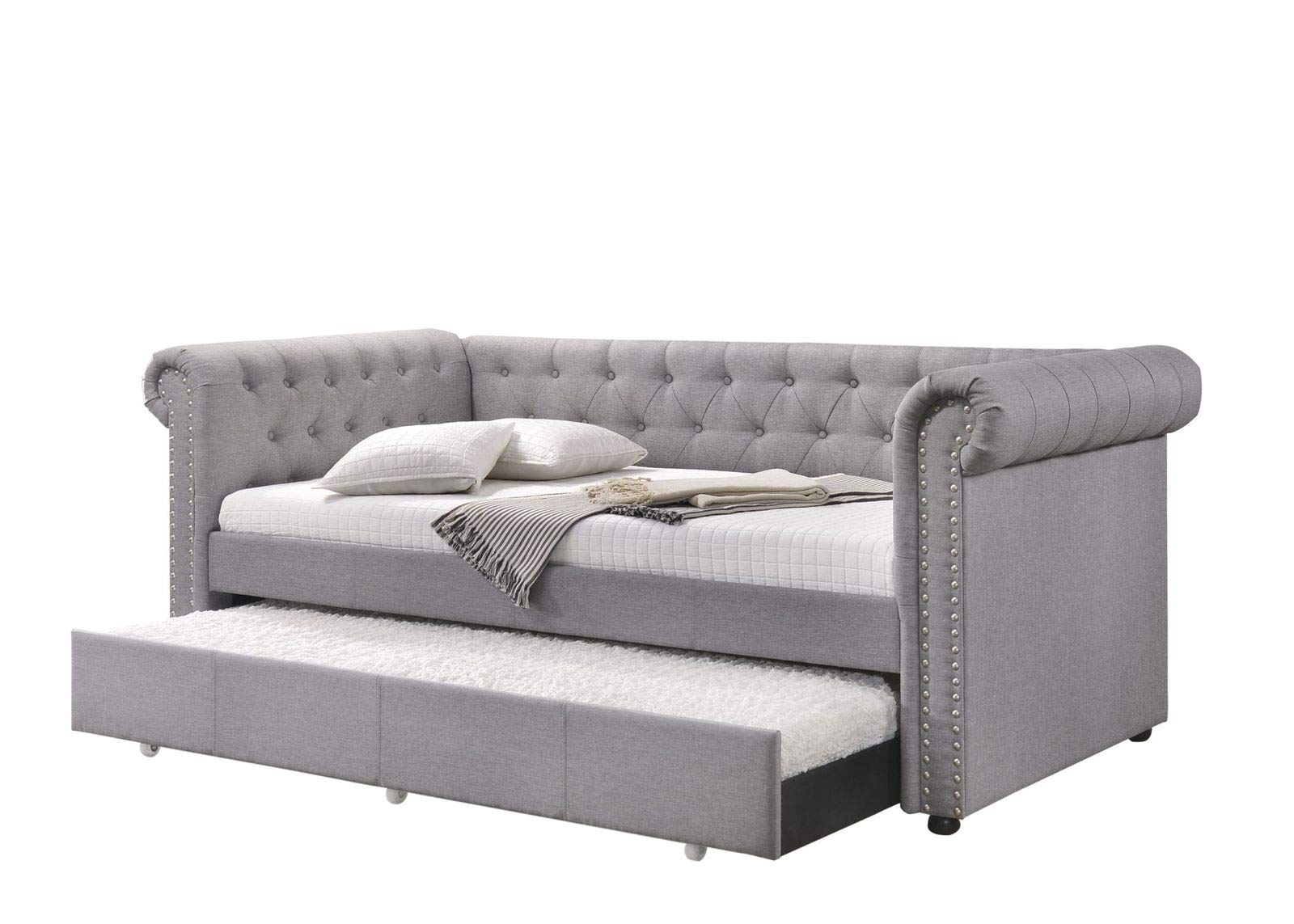 Vintage Twin Size Fabric Daybed with Pull Out Trundle Bed - Upholstered Button Tufted Sofa Bed with Nailhead Trim & Wood Slat Support | Perfect for Teens, Adults, Bedroom, Guest Room & Small Spaces | Great for Sleepovers, Lounging & Multi-Functional Furniture