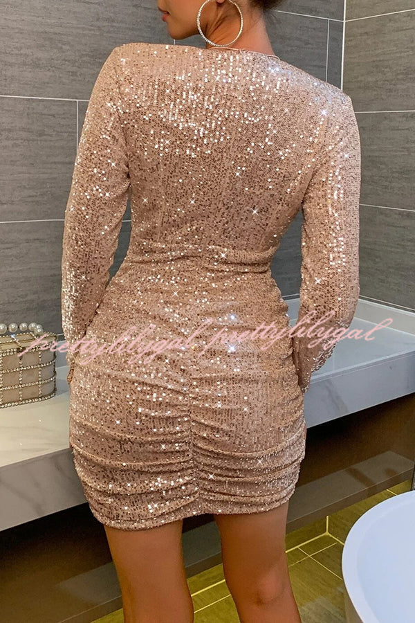 Sexy V-Neck Wrap High Waist Sequin Mini Party Dress for Women - Perfect for Club Nights, Date Nights & Special Occasions