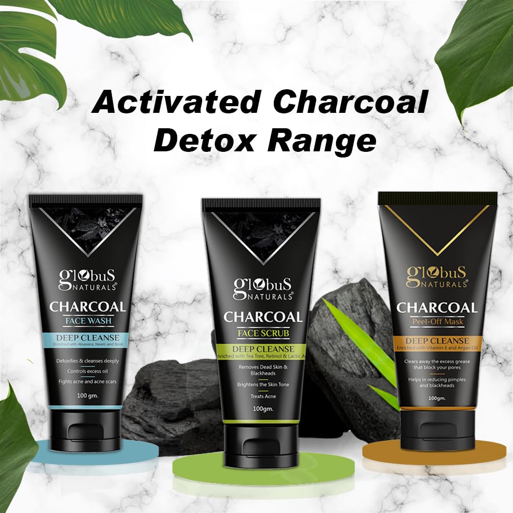 Globus Naturals Charcoal Detoxifying Face Wash & Peel Off Mask Set - Deep Cleansing, Exfoliation, Anti-Acne Treatment for Men & Women | Blackhead Removal, Pimple Control | Perfect for Daily Skincare & Spa Nights at Home