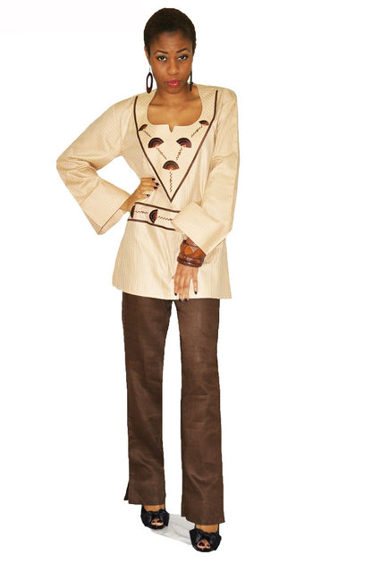 Women's Brown Embroidered Voile Top & Linen Pants Set - Boho Chic Summer Outfit for Beach, Vacation & Casual Wear
