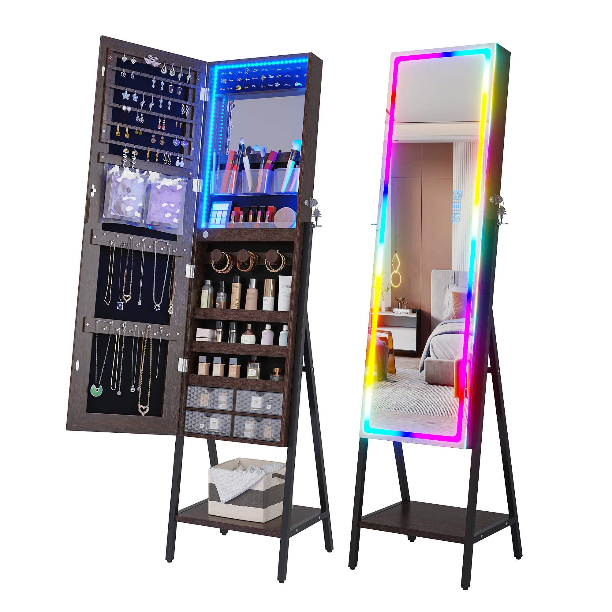 HNEBC RGB LED Mirror Jewelry Cabinet with 14 Lighting Modes - Full Length Standing Jewelry Armoire Organizer with Lockable Storage, Brown - Perfect Christmas Gift for Women | Bedroom Vanity Makeup & Jewelry Organization