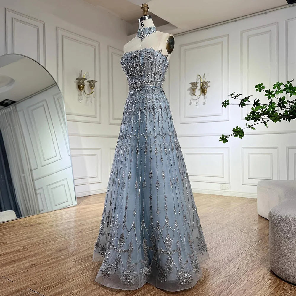 Luxury Dubai Arabic A-Line Elegant Blue Saudi Evening Gown with Beaded Details - Formal Occasion Abaya Dress for Weddings, Parties & Special Events LA72717