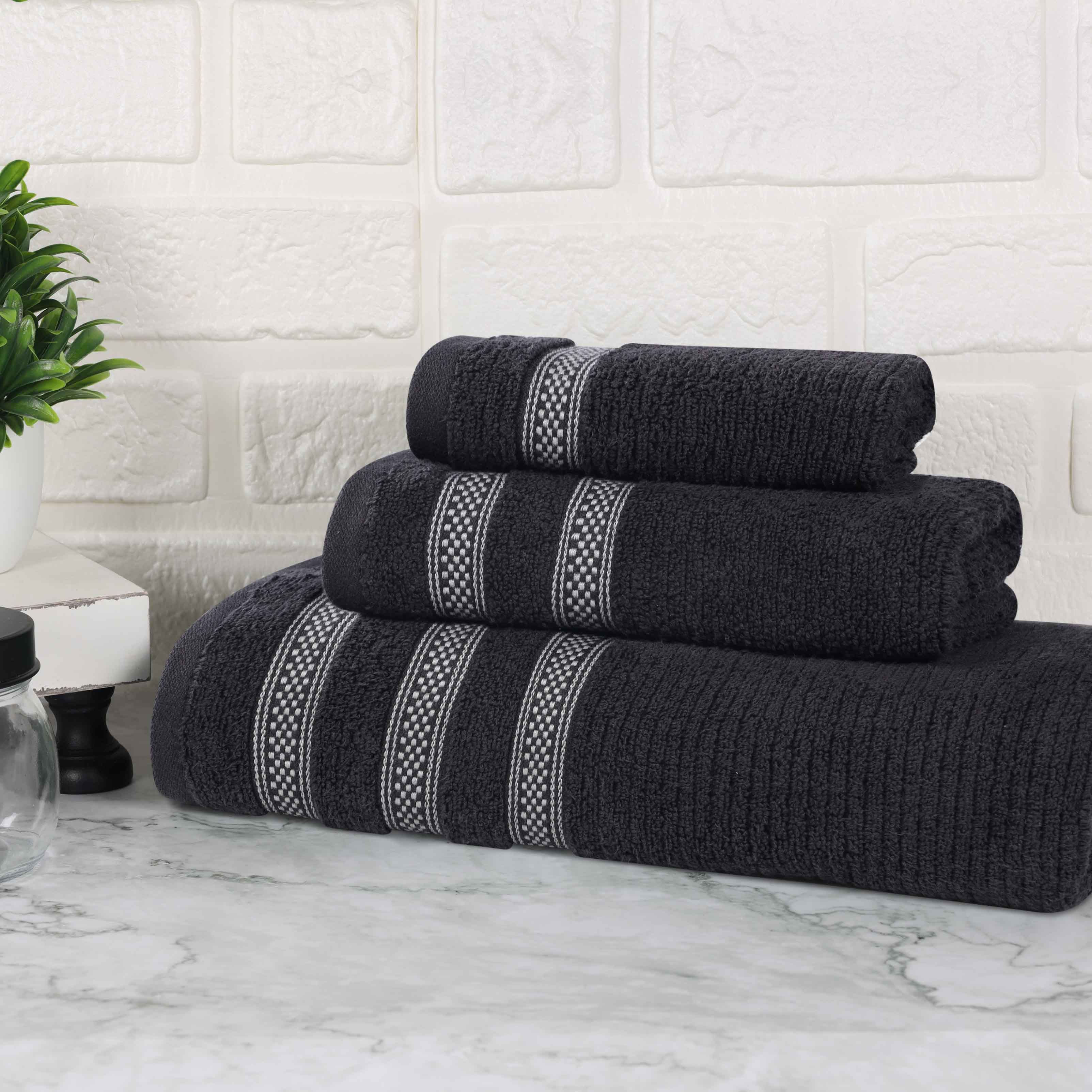 Soft Zero Twist Cotton Ribbed Geometric Border Plush 3-Piece Bath Towel Set | Ultra Absorbent & Quick Dry for Spa, Bathroom & Beach Use