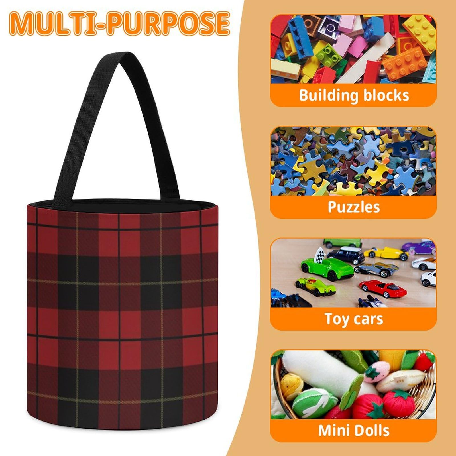 Red and Black Plaid Print Toy Storage Drawstring Tote Bags | Collapsible Cinch Bucket for Kids' Building Blocks, Board Games & Toys Organization | Perfect for Playroom, Classroom & Travel Storage Solutions