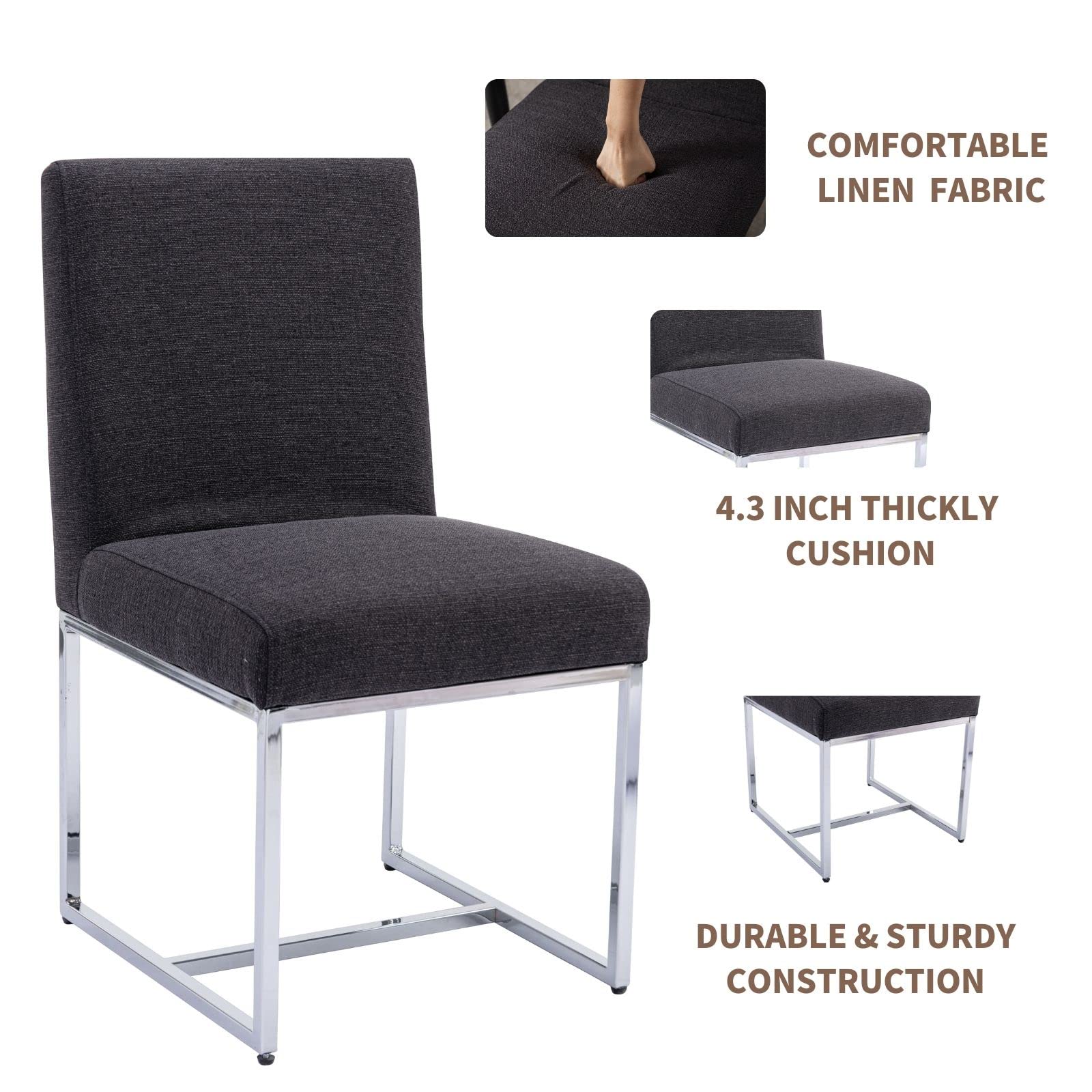 Modern Dining Chairs Set of 2 - Mid Century Upholstered Kitchen Chairs with Linen Fabric & Chrome Metal Frame - Charcoal Black - Perfect for Dining Room, Kitchen Island & Small Space Decor