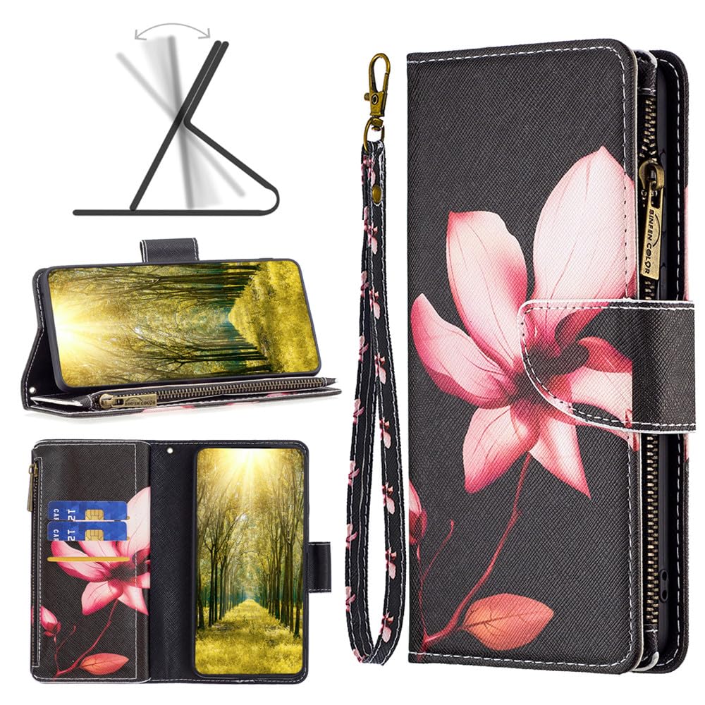 XYX Wallet Case for Samsung Galaxy S20 Plus - Colorful PU Leather Flip Cover with Zipper, 9 Card Slots & Wrist Strap (Lotus Design) - Perfect for Daily Use, Travel, and Hands-Free Convenience
