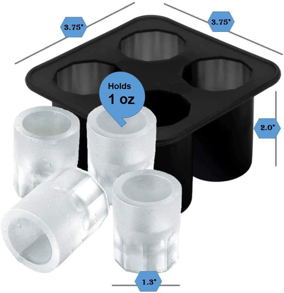 Premium Silicone Shot Glass Ice Molds - 4 Cavity Reusable Whiskey Ice Cube Trays for Freezer (1oz Capacity, 1.3 Inch) - Perfect for Cocktails, Bourbon, Scotch & Party Drinks