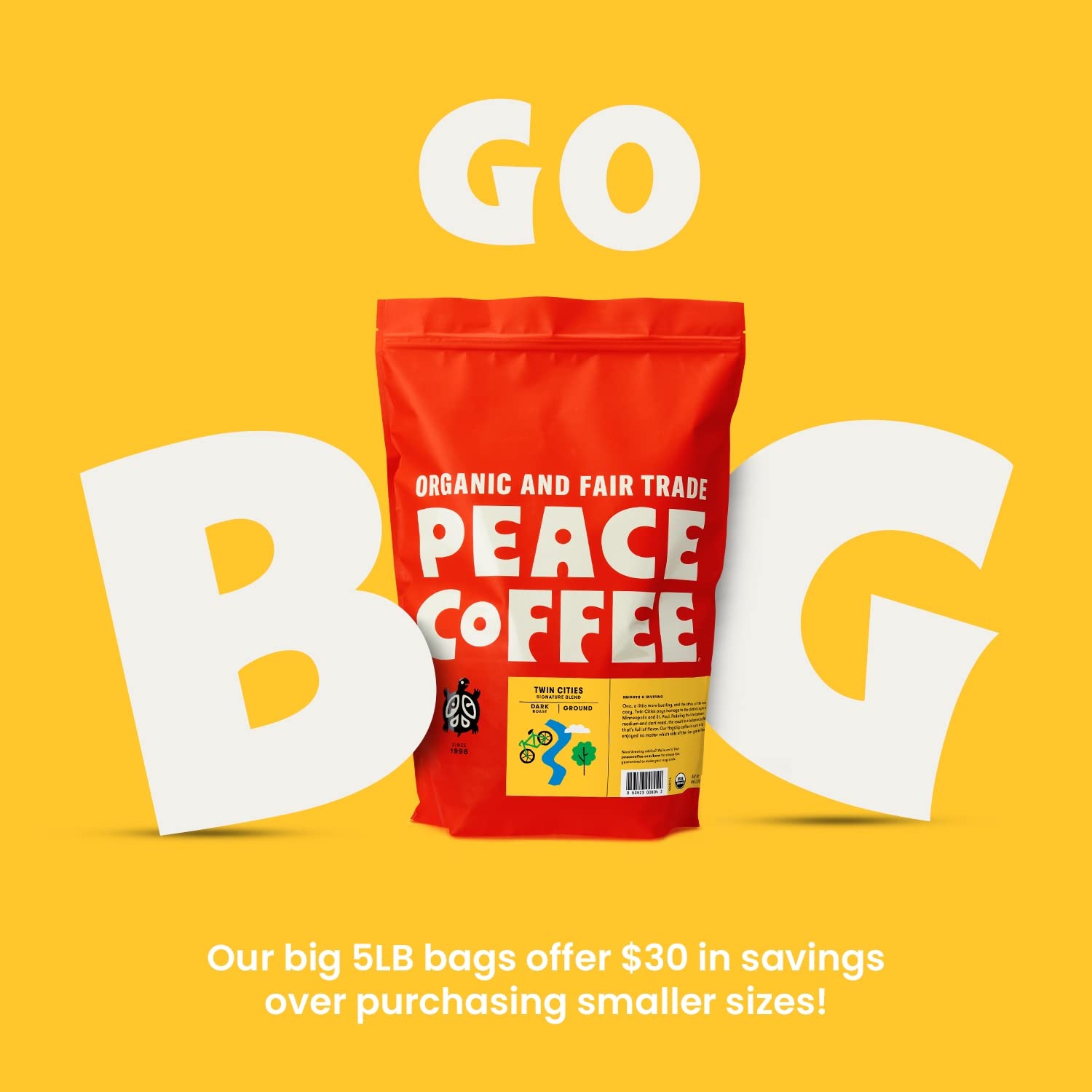 Organic Fair Trade Peace Coffee Twin Cities Blend - 5 lb Ground Dark Roast | Shade Grown, Fresh Roasted | Smooth & Inviting Flavor | Perfect for Home Brewing, Office Coffee Stations & Cafes