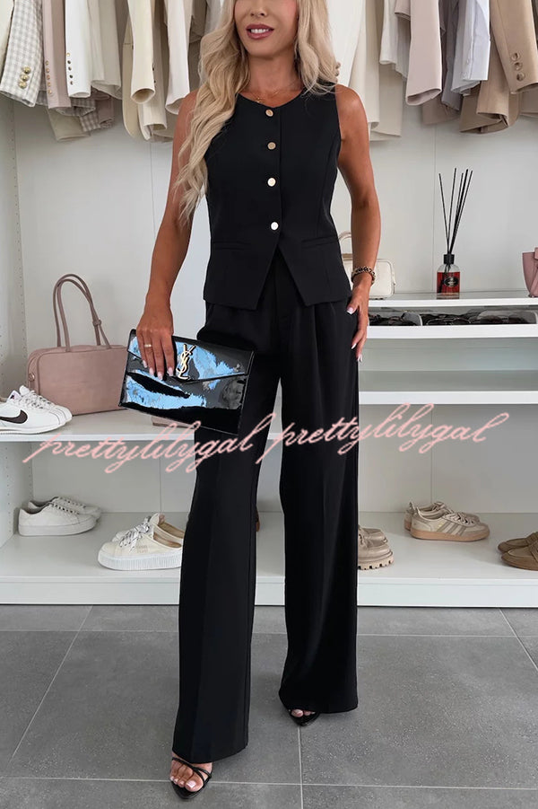 Stylish Women's Sleeveless Button Vest & Relaxed Pocket Wide Leg Pants Set - Office Workwear & Business Casual Outfit for Professional Women