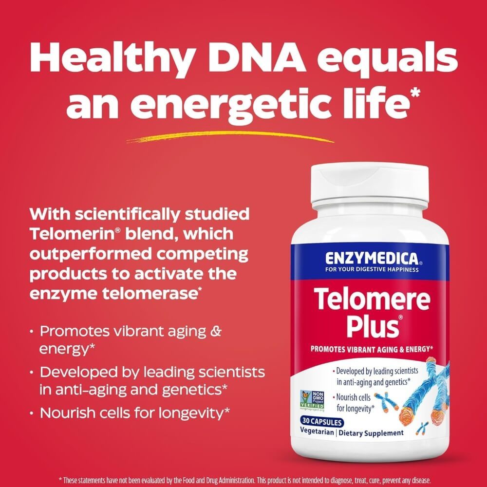 Enzymedica Telomere Plus Supplement - 30 Capsules for Cellular Health & Longevity | Supports Aging & Wellness | Daily Use for Adults