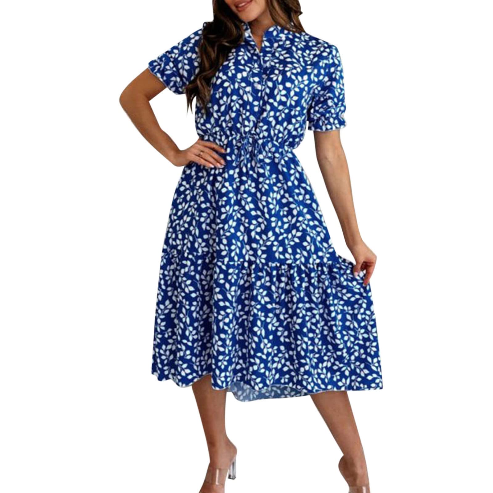 JMETRIE Women's Summer Ruffle Puff Sleeve Dress - Short Sleeve Stand Collar High Waist Casual Dress for Beach, Vacation & Outdoor Activities
