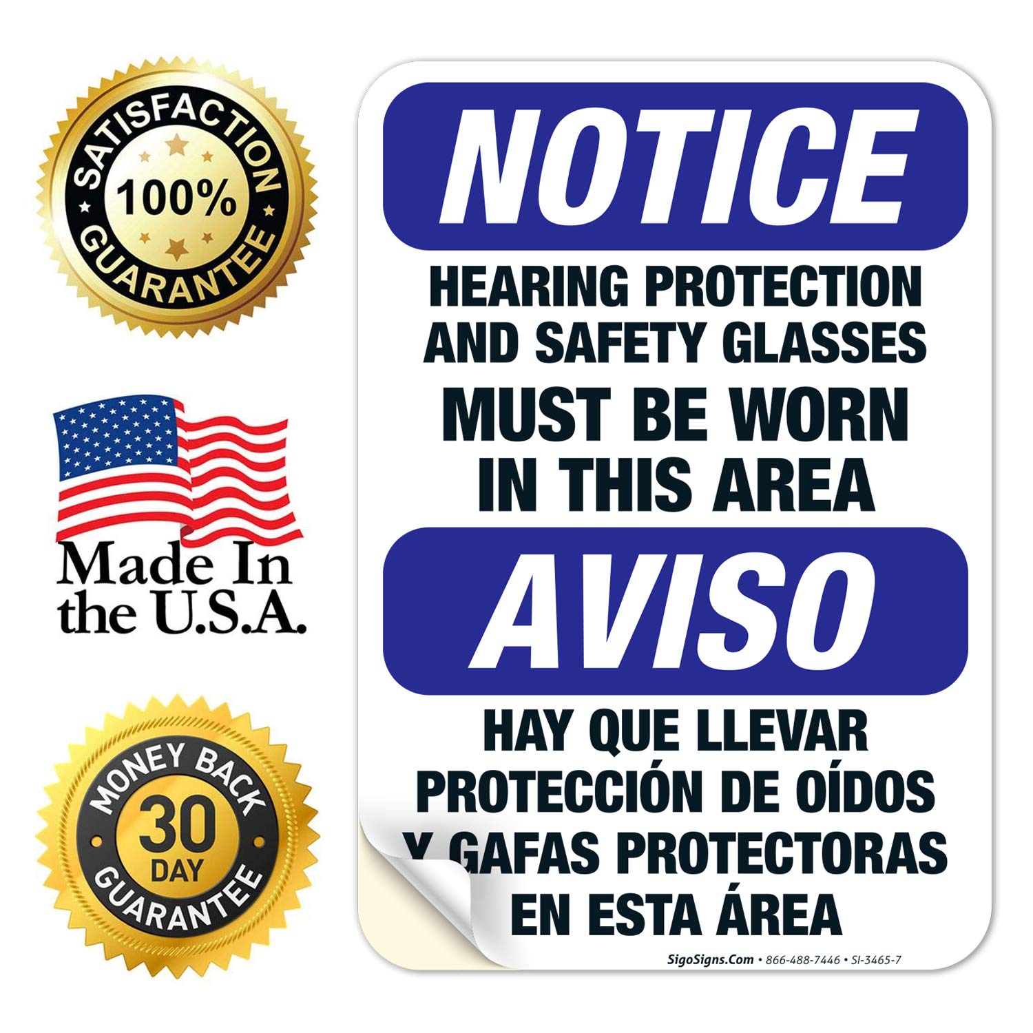 OSHA Compliant Bilingual Safety Sign - Hearing Protection & Safety Glasses Required in This Area | 10x7 Inch Durable 4 Mil Vinyl Decal | Weatherproof & UV Resistant | Made in USA | Ideal for Construction Sites, Factories & Work Zones