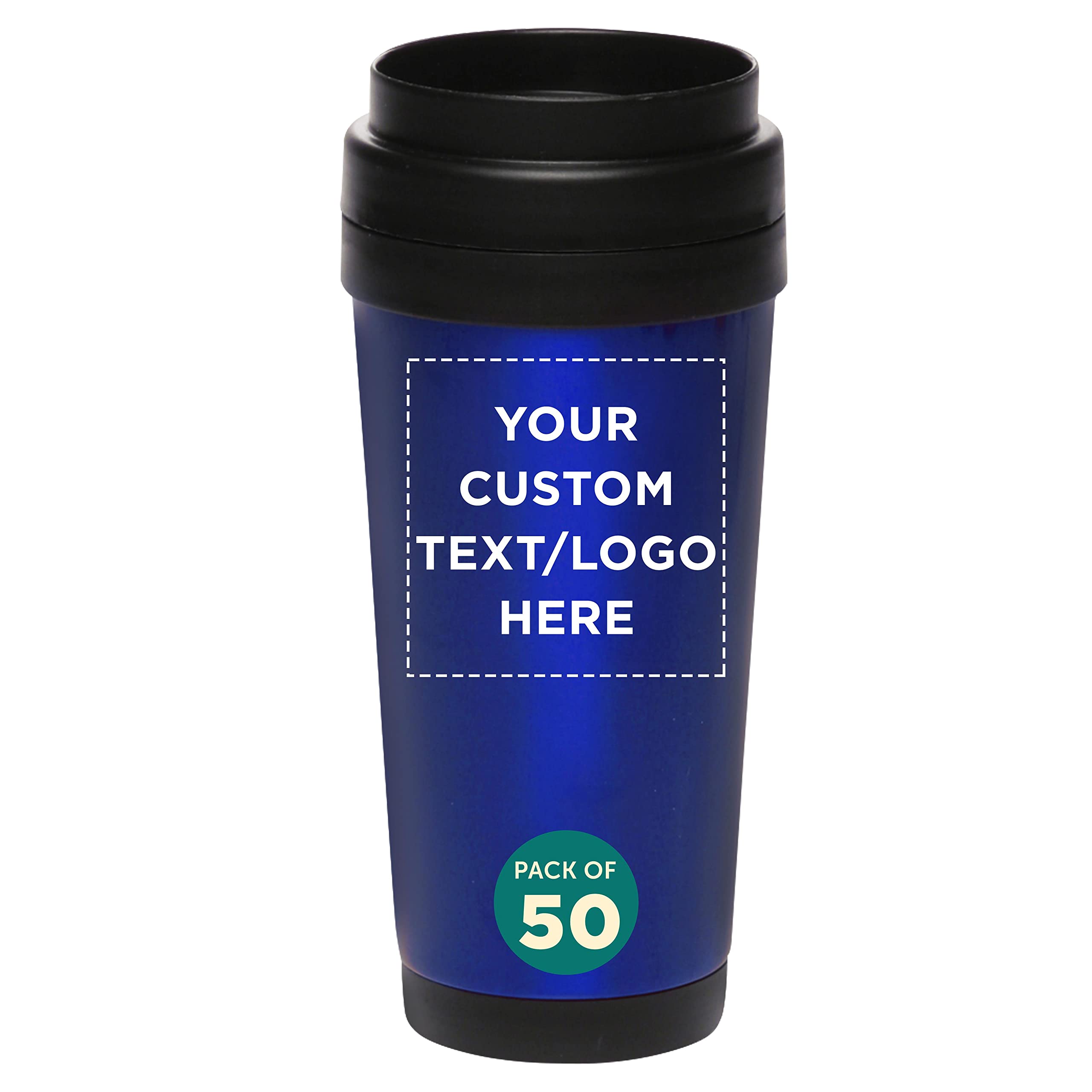 Custom Insulated Stainless Steel Travel Mugs 16 oz (50-Pack) - Personalized Bulk Coffee Cups for Hot & Cold Beverages - Perfect for Office, Events, Gifts & Daily Use - Reusable Blue Tumblers for Iced Coffee, Tea, Soda & More