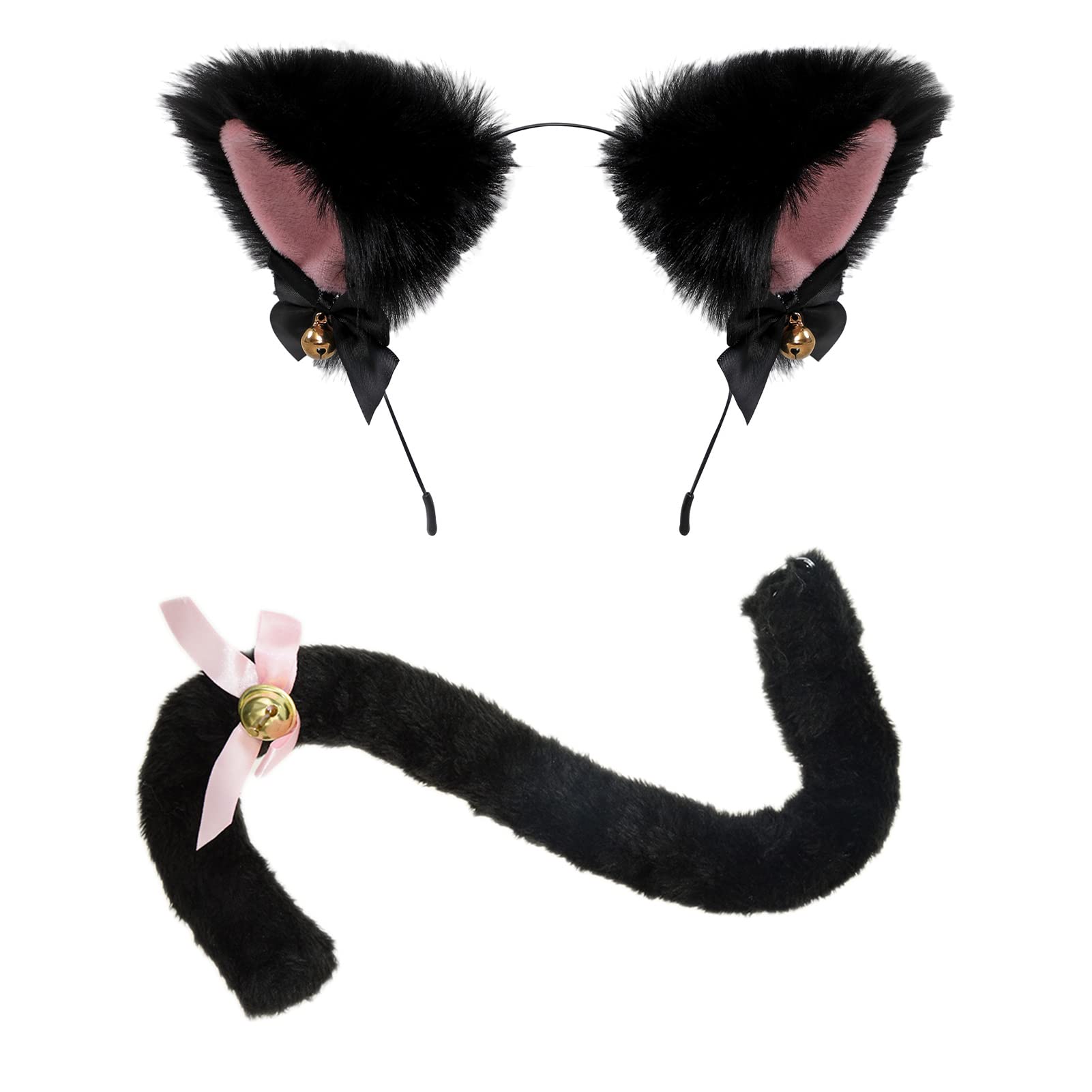 LUCKYBUNNY Cat Ears and Tail Set - Kawaii Plush Kitten Anime Headband with Bells for Women & Girls | Halloween Cosplay, Anime Party, Costume Accessories for Adults & Teens