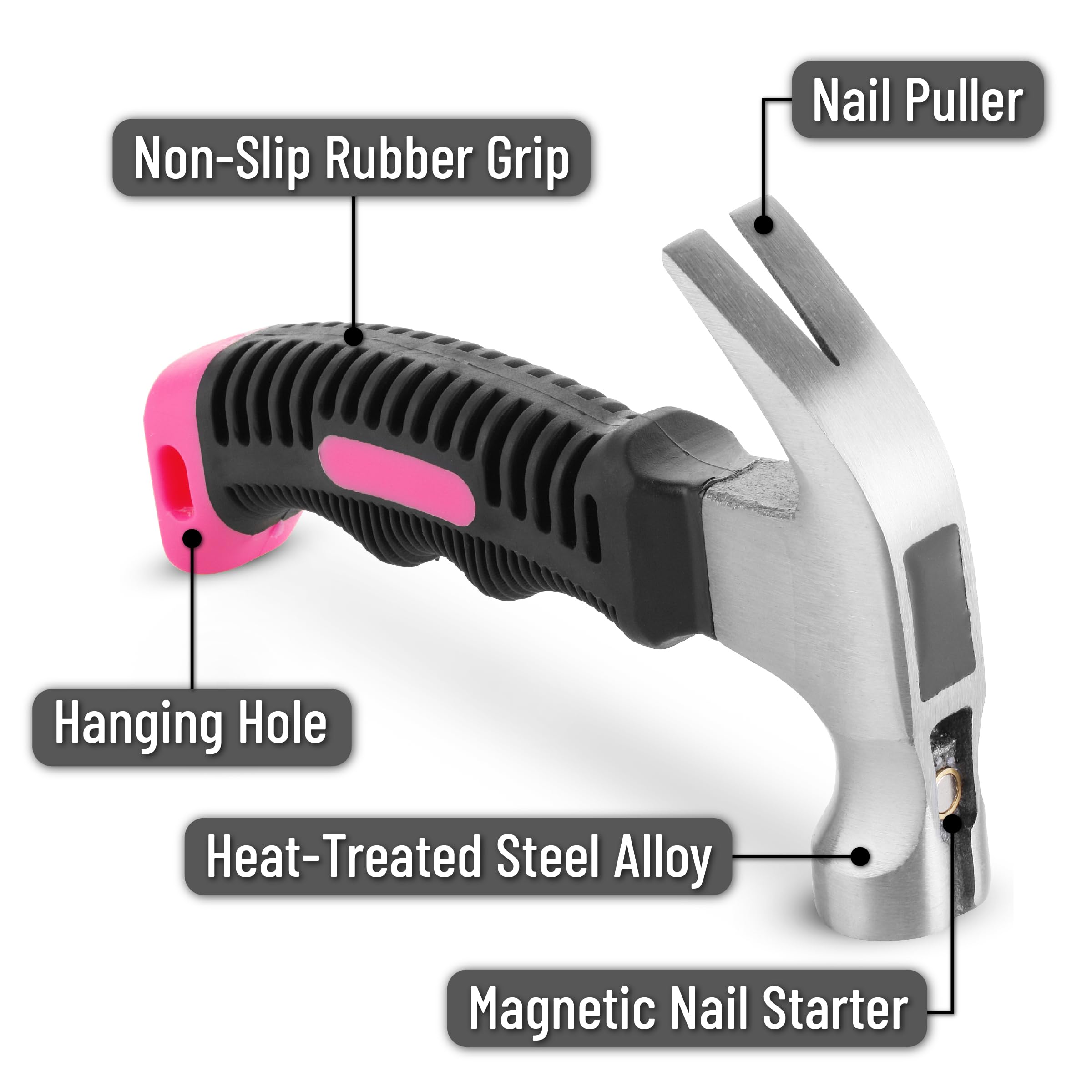 Mr. Pen 8oz Pink Camping Hammer with Claw, Stubby Design & Magnetic Head - Lightweight Nail Hammer for Women & Men - Perfect for DIY Projects, Home Repairs & Outdoor Adventures