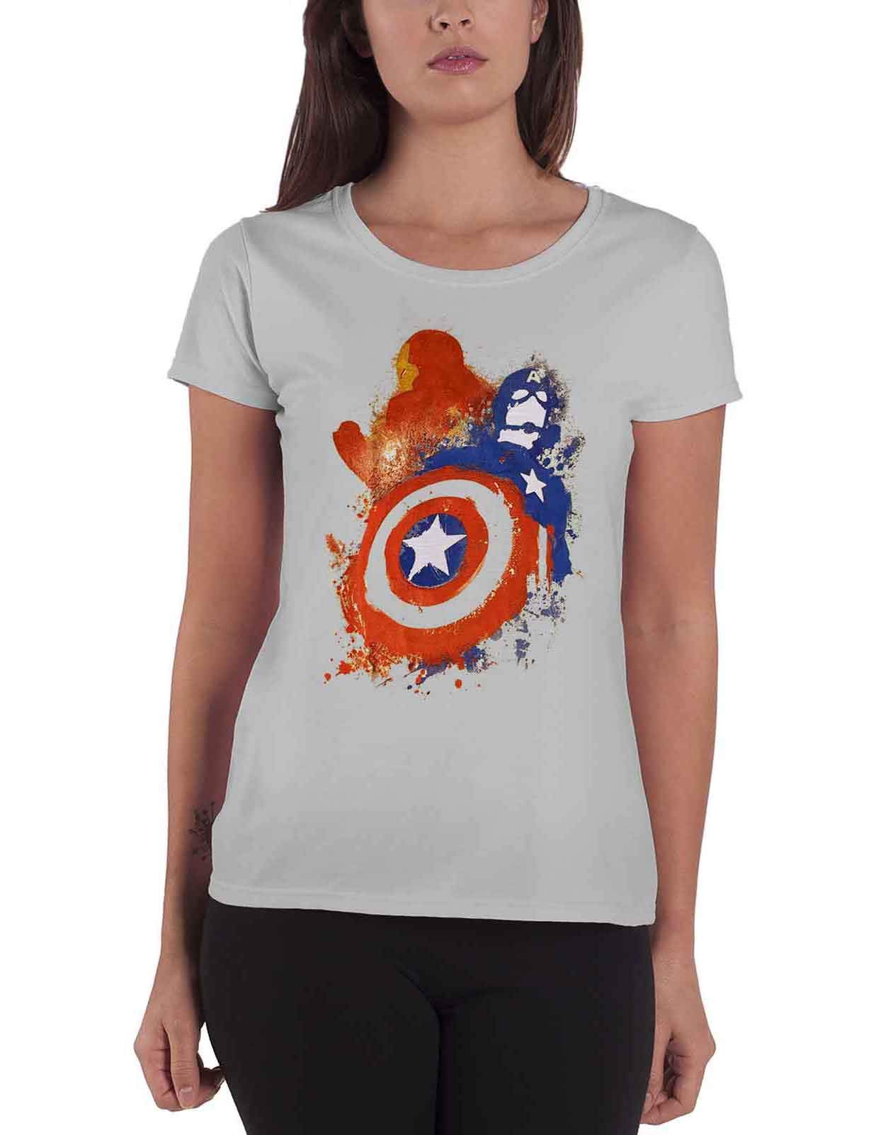 Official Women's Captain America T-Shirt with Painted Shield Logo - Grey Junior Fit - Superhero Cosplay, Comic Con Outfit, Marvel Fan Gift