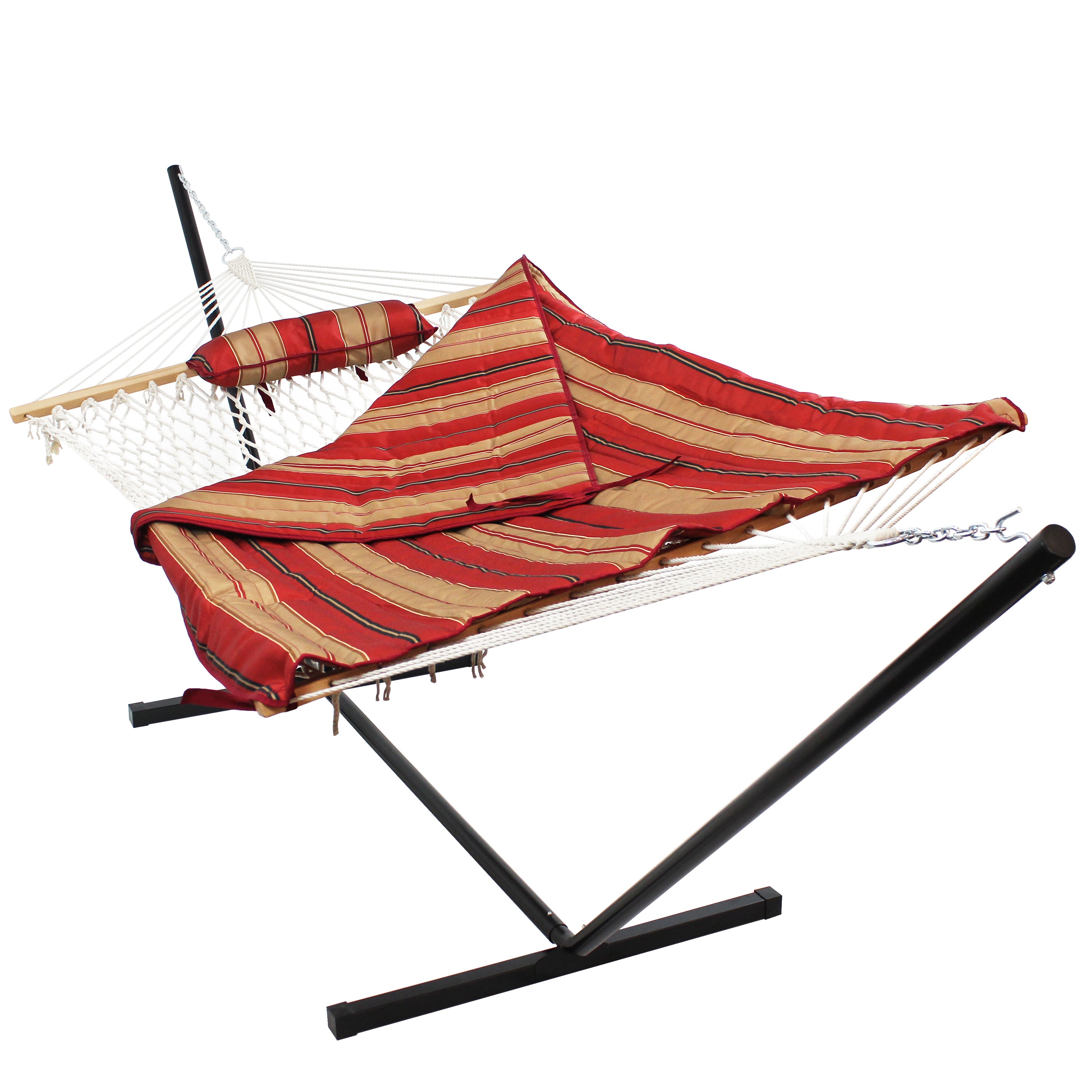 Premium Sunnydaze Rope Hammock with 12-Foot Steel Stand, Comfortable Pad & Pillow - Perfect for Backyard Relaxation, Beach Lounging & Outdoor Camping