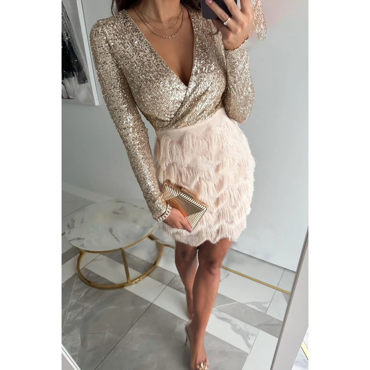 Sequin Feather Party Dress for Women - Sexy V-Neck Mini Dress with Feathers for Autumn & Holiday Events | Perfect for Night Out, Club, Wedding & Special Occasions