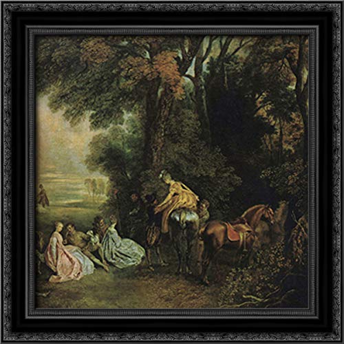 Jean Antoine Watteau 20x20 Black Ornate Wood Framed Canvas Art - 'A Halt During The Chase' - Perfect for Living Room, Bedroom, or Office Wall Decor