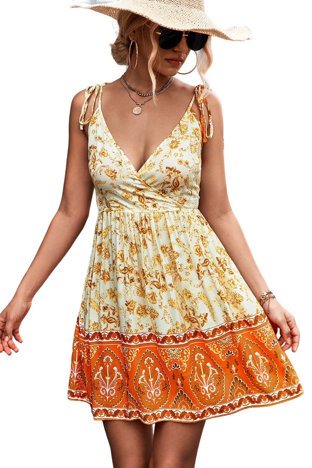 Women's Floral Short Dress - Sleeveless Backless V-Neck Bohemian Mini Dress for Summer 2023 | Sexy Casual Beach Dress for Vacation, Pool Party & Date Night