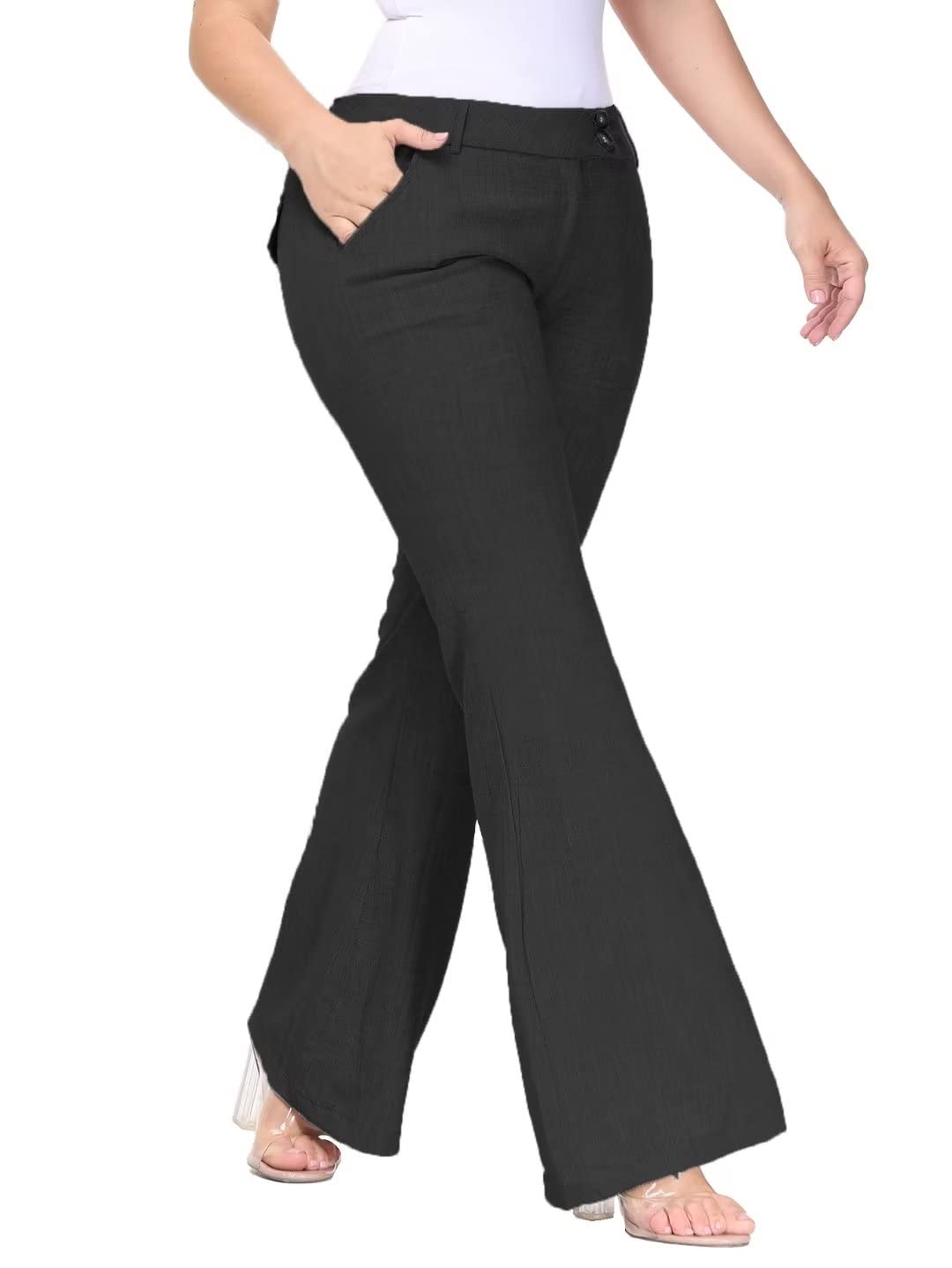Flamingals Women's Low Rise Wide Leg Flare Dress Pants - Comfortable Office Work Trousers for Business Casual & Professional Outfits