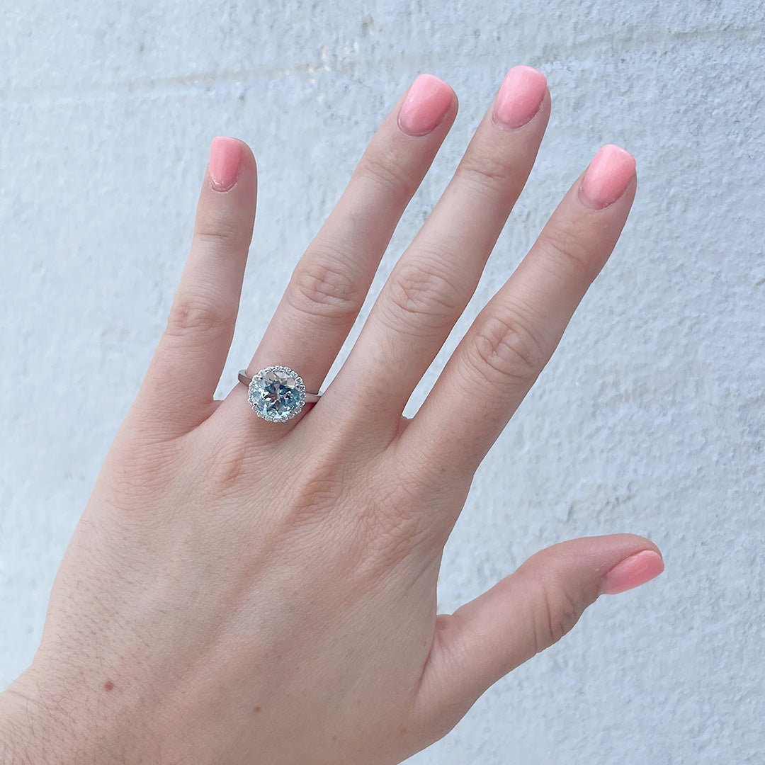 14K White Gold Round Aquamarine & Diamond Halo Ring - Elegant Engagement, Anniversary or Gift Jewelry for Women