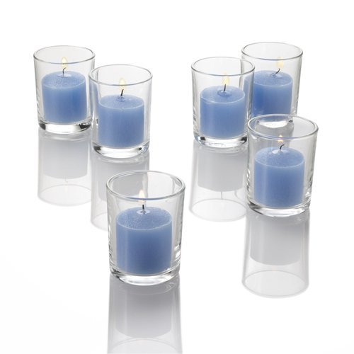 Set of 12 Richland Unscented Light Blue Votive Candles with 12 Clear Glass Eastland Votive Holders - Perfect for Weddings, Home Decor, and Romantic Ambiance