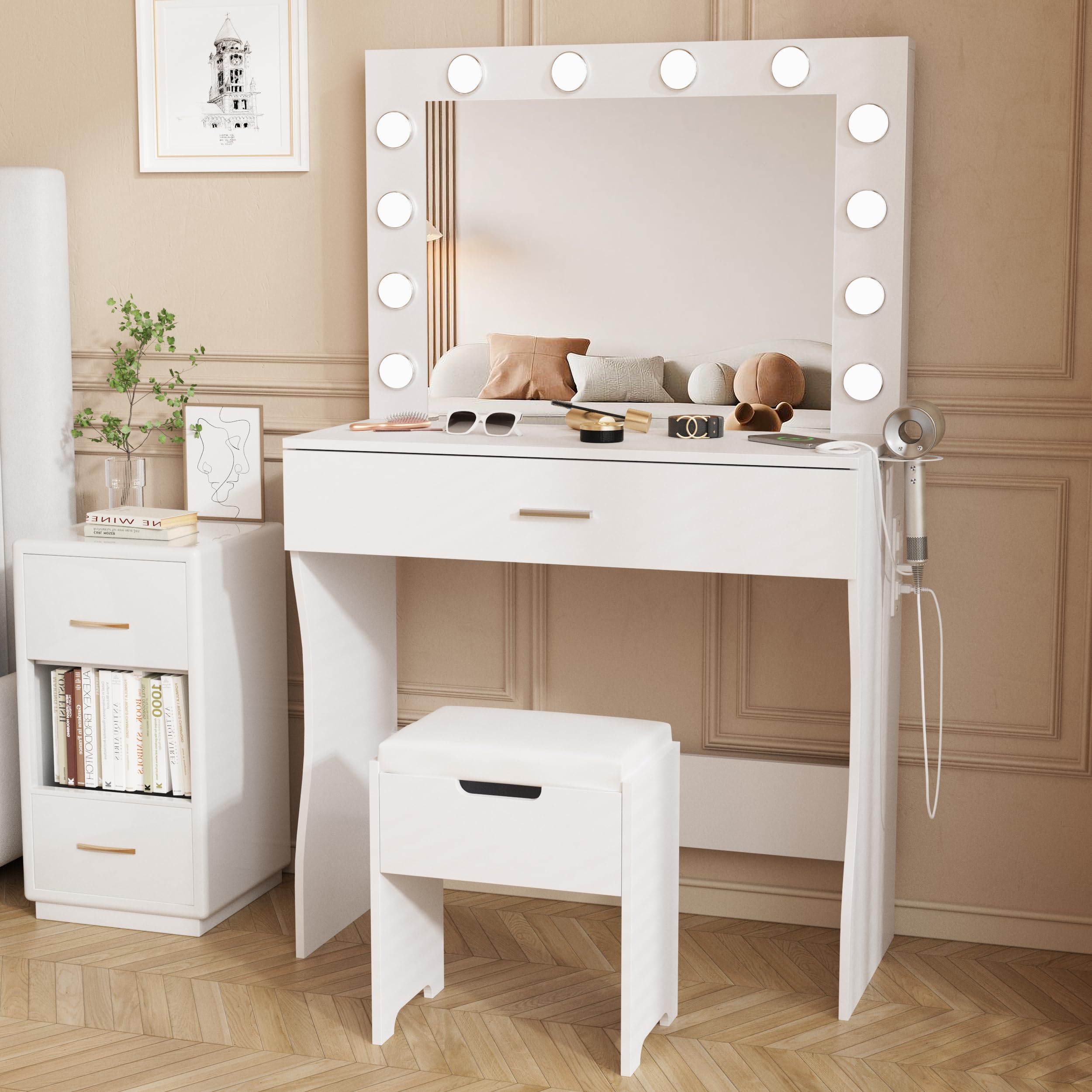 Vanity Desk with Lights - Makeup Vanity Desk with LED Mirror & USB Charging Station, 3 Adjustable Lighting Modes & Brightness, Vanity Set with Cushioned Stool - Perfect for Bedroom, Dressing Room & Beauty Salon