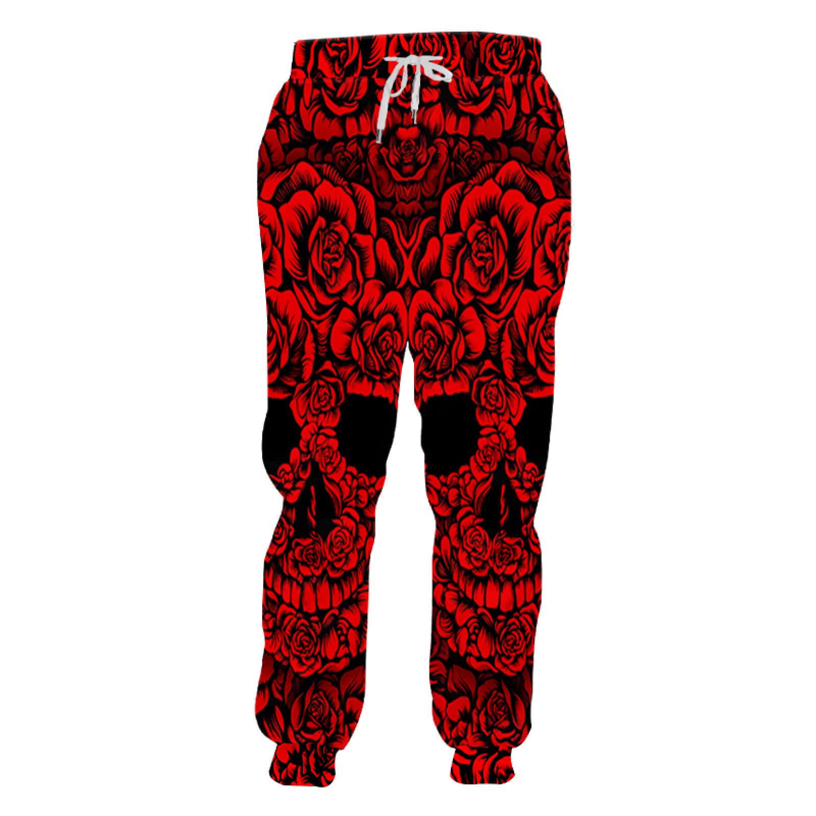 BHYUFDDKKK Men's Cargo Joggers - Hip Hop Casual Sweatpants with Red Roses & Skull Print - Streetwear Sport Pants (Size 6XL) - Perfect for Gym, Workout & Urban Fashion