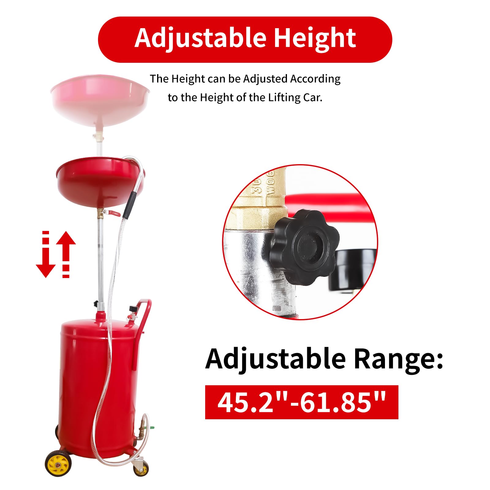 20 Gallon Portable Oil Drain Container - Heavy Duty Waste Oil Drain Tank with Wheels for Easy Transport | Air Operated Drainer for Quick Oil Changes | Adjustable Height Fluid Disposal System | Ideal for Auto Shops, DIY Mechanics & Fleet Maintenance