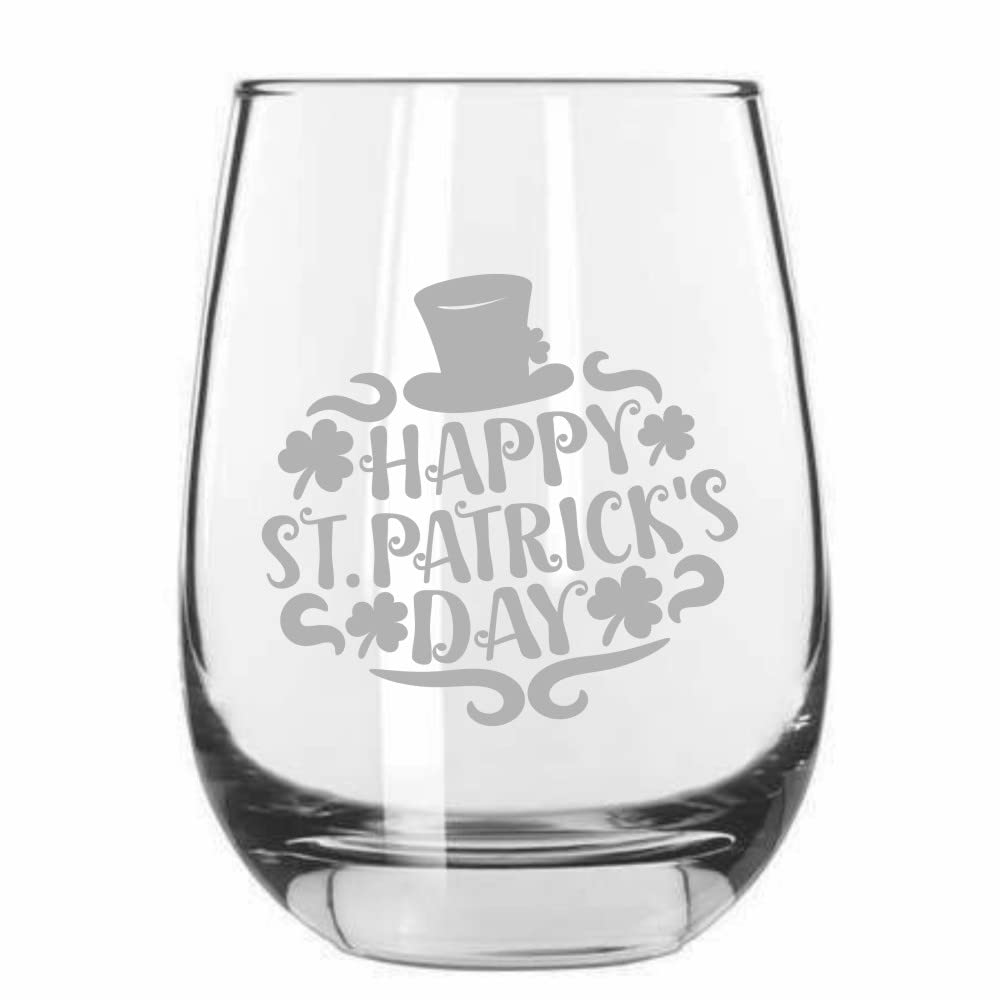 St Patrick's Day Wine Glass 15.25oz - Stemless for Party & Gifts