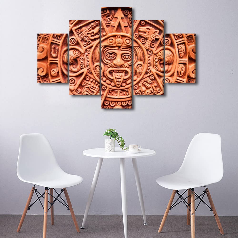 TUMOVO 5 Panel Vintage Aztec Solar Calendar Wall Art - Ancient Mexico Indian Civilization Poster - Stretched & Framed Ready to Hang (60x40 Inches) - Perfect for Living Room, Bedroom, Office & Home Decor