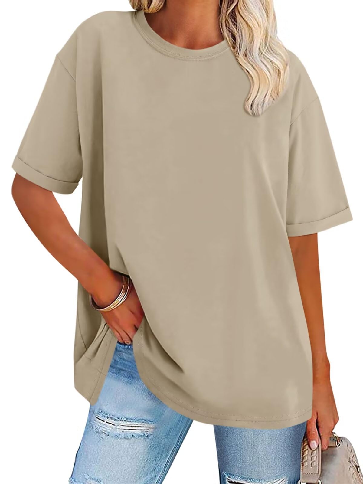 Women's Oversized T-Shirts - Loose Fit Crewneck Short Sleeve Basic Tee with Folded Sleeve | Casual Spring Summer Tops 2025 | Perfect for Everyday Wear, Weekend Outfits & Layering