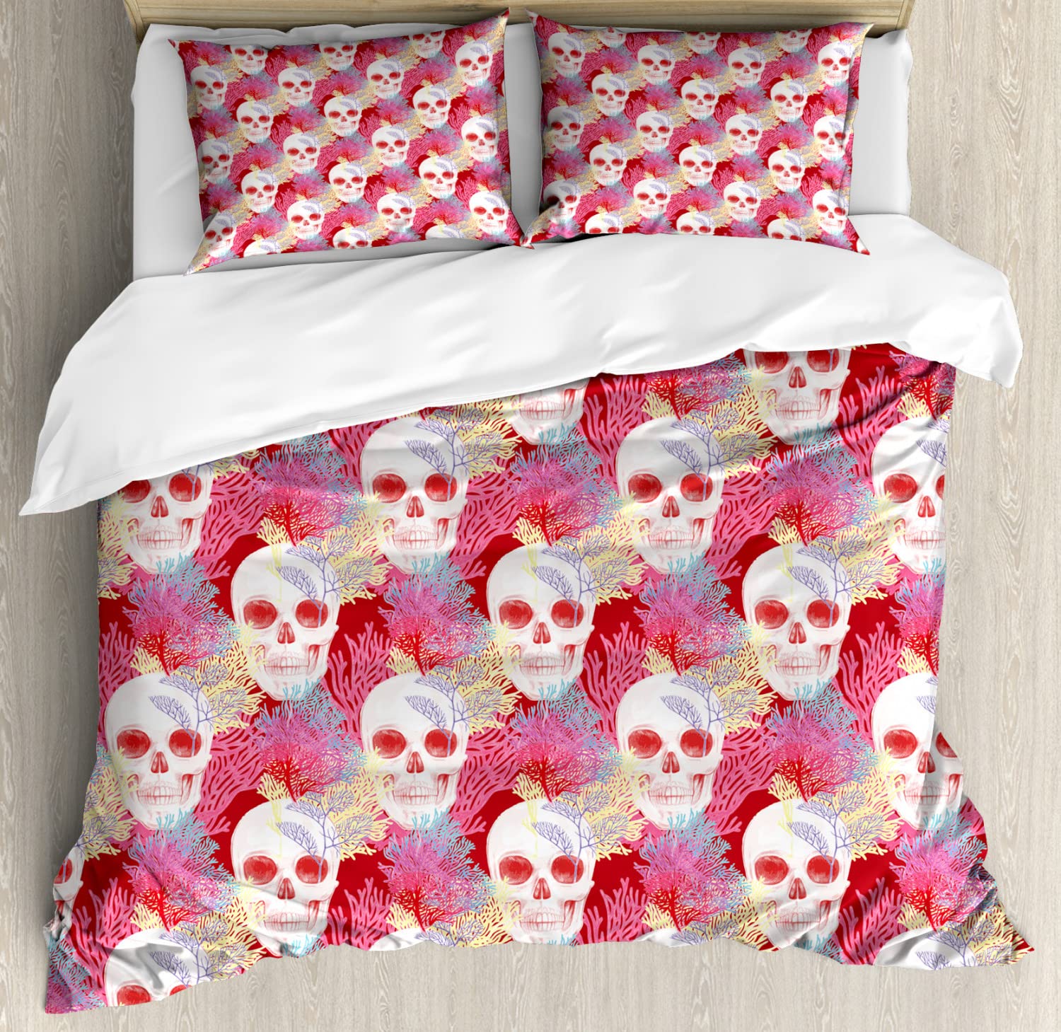Ambesonne Coral Duvet Cover Set - Queen Size 2-Pack with 2 Duvet Covers & 4 Pillowcases | Double Exposure Mexican Skull Bones & Exotic Plant Design | Gothic Bohemian Bedding for Halloween, Day of The Dead Decor, or Unique Bedroom Style