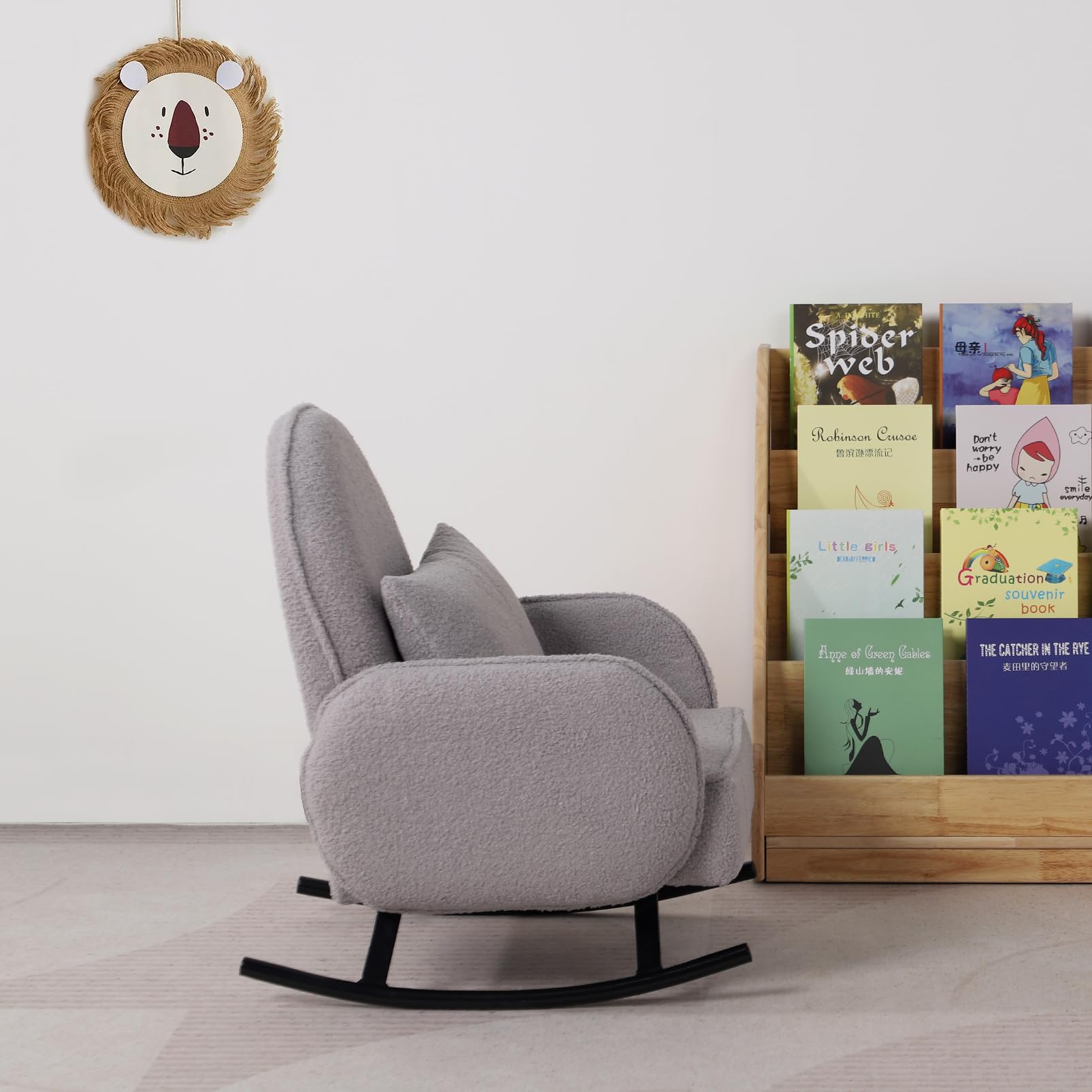 **Baby Rocking Chair with Sherpa Fabric & Metal Base - Toddler Armchair for Boys & Girls - Kids Sofa & Rocking Chair for Nursery, Playroom & Relaxation (Grey)**