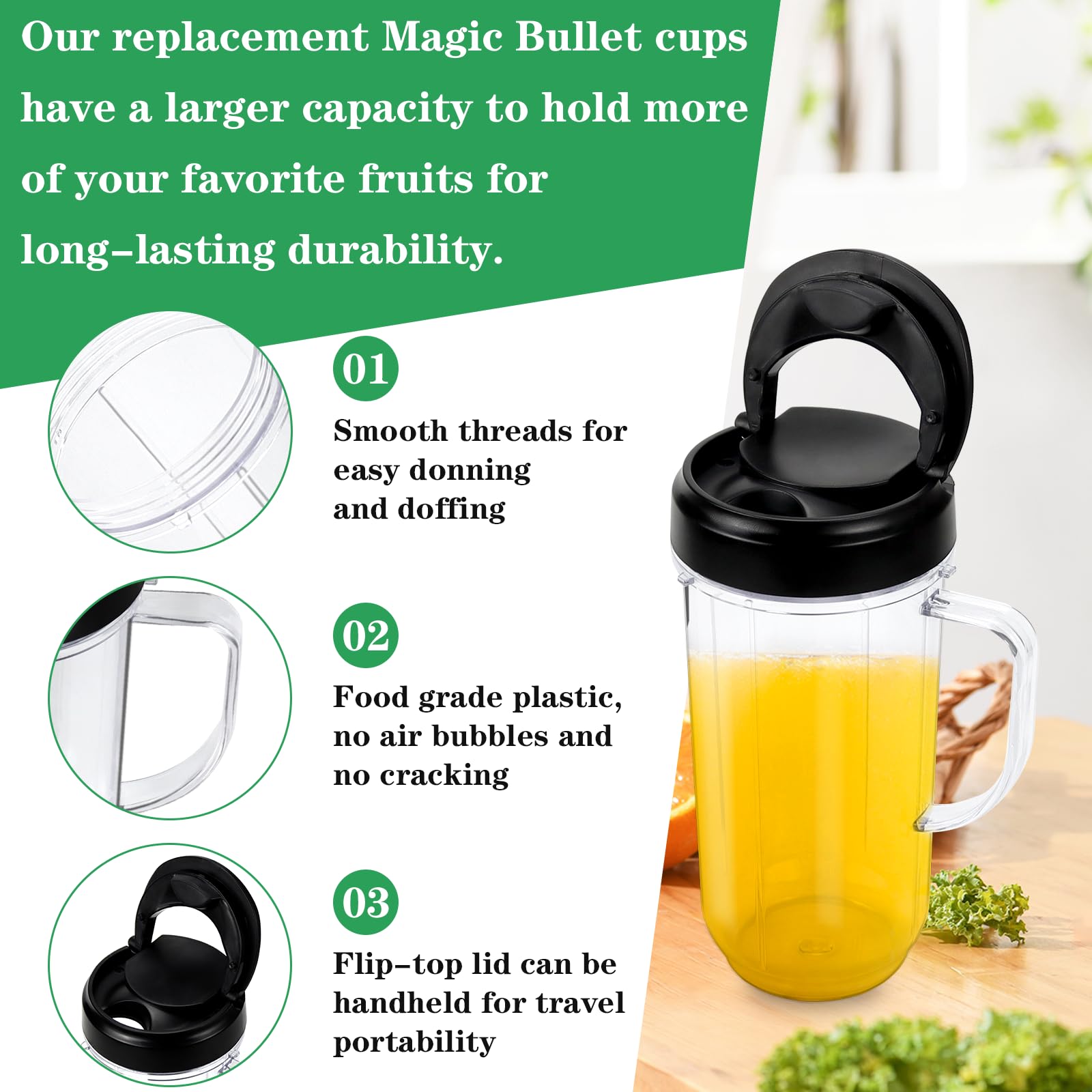 22oz Magic Bullet Blender Replacement Cups (2-Pack) - BPA-Free Food Grade Plastic with Flip-Top Lid & Handle - Compatible with Magic Bullet 250W MB1001 - Perfect for Smoothies, Protein Shakes & Meal Prep On-The-Go