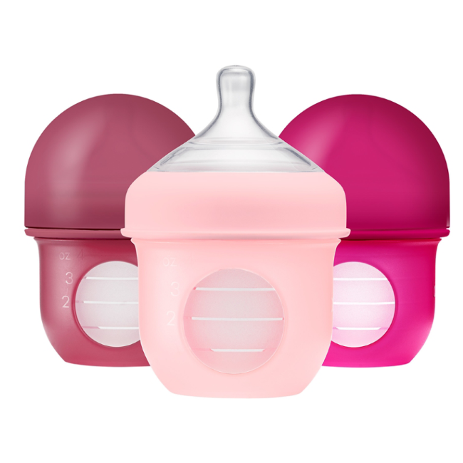 Boon Nursh 4oz Silicone Baby Bottle 3-Pack - Soft, Collapsible, BPA-Free (Pink & Multi-Color) - Perfect for Travel, Daycare & On-the-Go Feeding