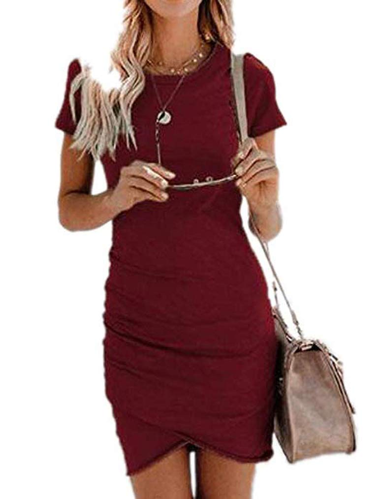Women's Summer Casual Short Sleeve Bodycon Mini Dress - Crew Neck, Ruched Design, Stretchy Fabric, Tulip Hem - Perfect for Beach, Party, and Everyday Wear