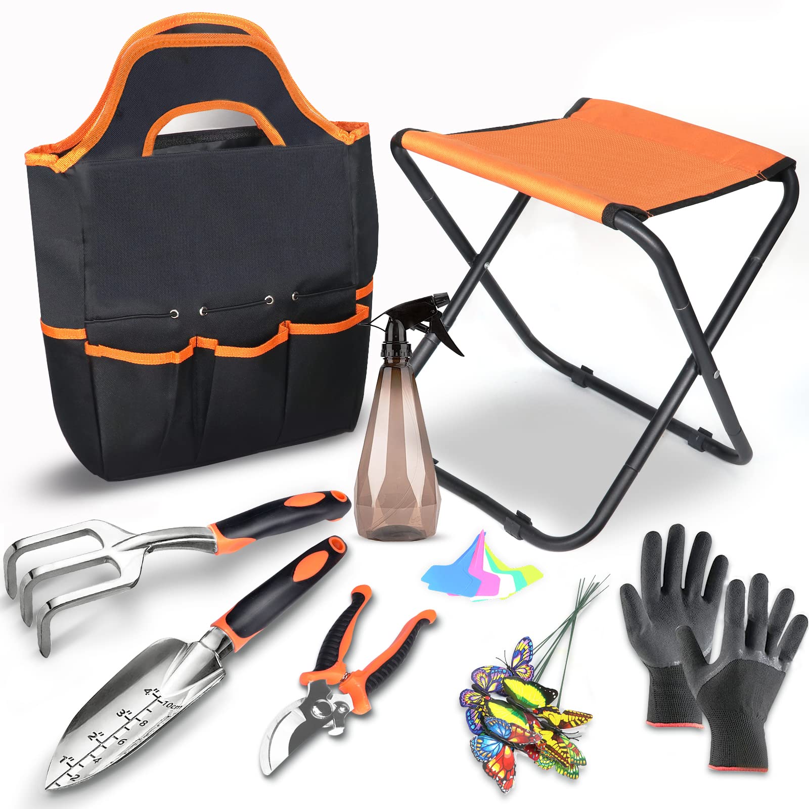 Premium Aluminum Alloy Gardening Tools Set - Heavy Duty Steel Hand Tools for Women & Men | Perfect for Planting, Weeding & Outdoor Garden Work (Includes Stool)