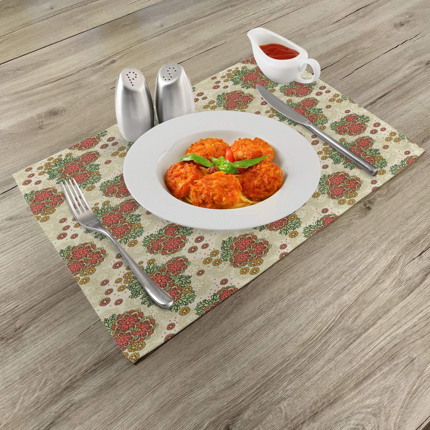 Ambesonne Orange Floral Place Mats Set of 4 - Autumn Fall Table Decor with Flower Design, Washable Fabric Placemats for Dining Room & Kitchen - Orange & Olive Green - Perfect for Thanksgiving, Fall Parties & Seasonal Home Decor