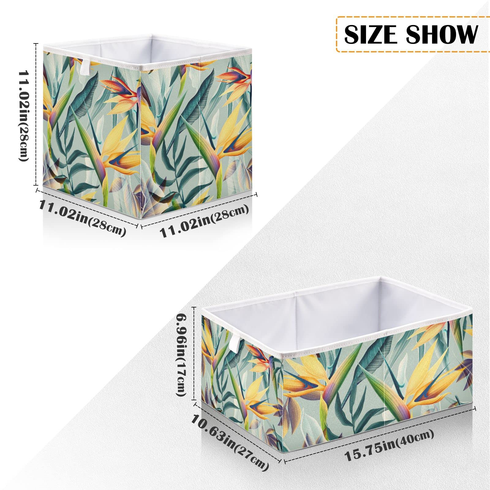 Seamless Tropical Flower Plant Leaf Square Collapsible Storage Bins | Foldable Toy Nursery Basket with Handles | Cloth Cube Organizer for Shelves & Closet | Perfect for Home Organization, Kids Room & Closet Storage