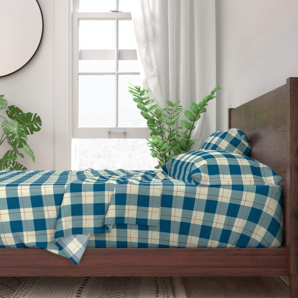 Premium 100% Cotton Twin Sheet Set - 3pc French Blue Plaid Buffalo Check Farmhouse Style for Nursery & Country Decor | Soft & Breathable Bedding for Cozy Sleep