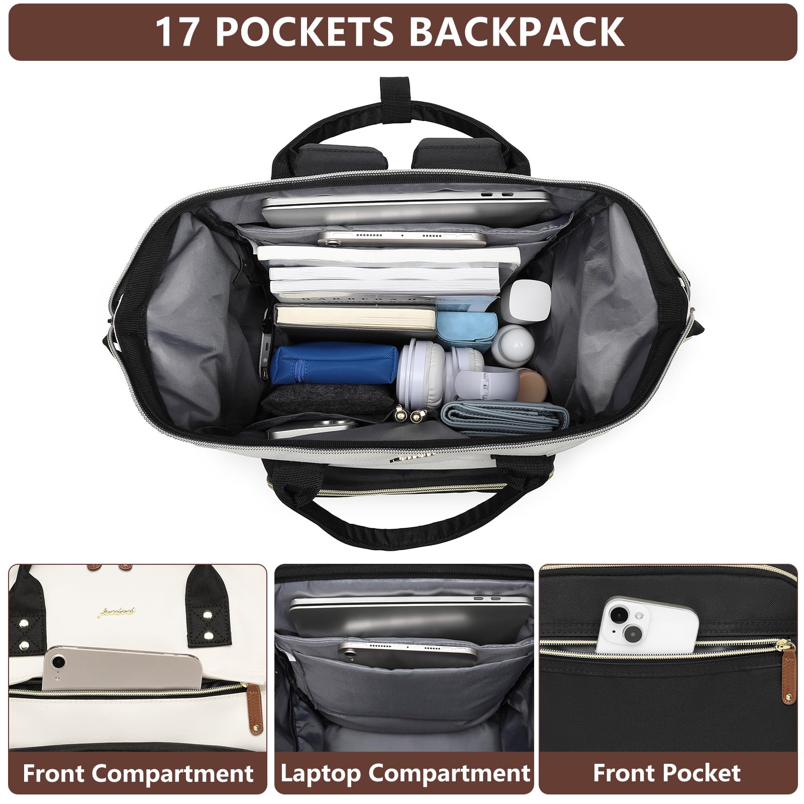 Stylish Women's Waterproof Laptop Backpack - Fits 15.6 Inch Notebook, Durable Travel & Work Bag for Business Professionals & College Students (Beige/Black/Brown) - Perfect for Commuting, Business Trips & Campus Life