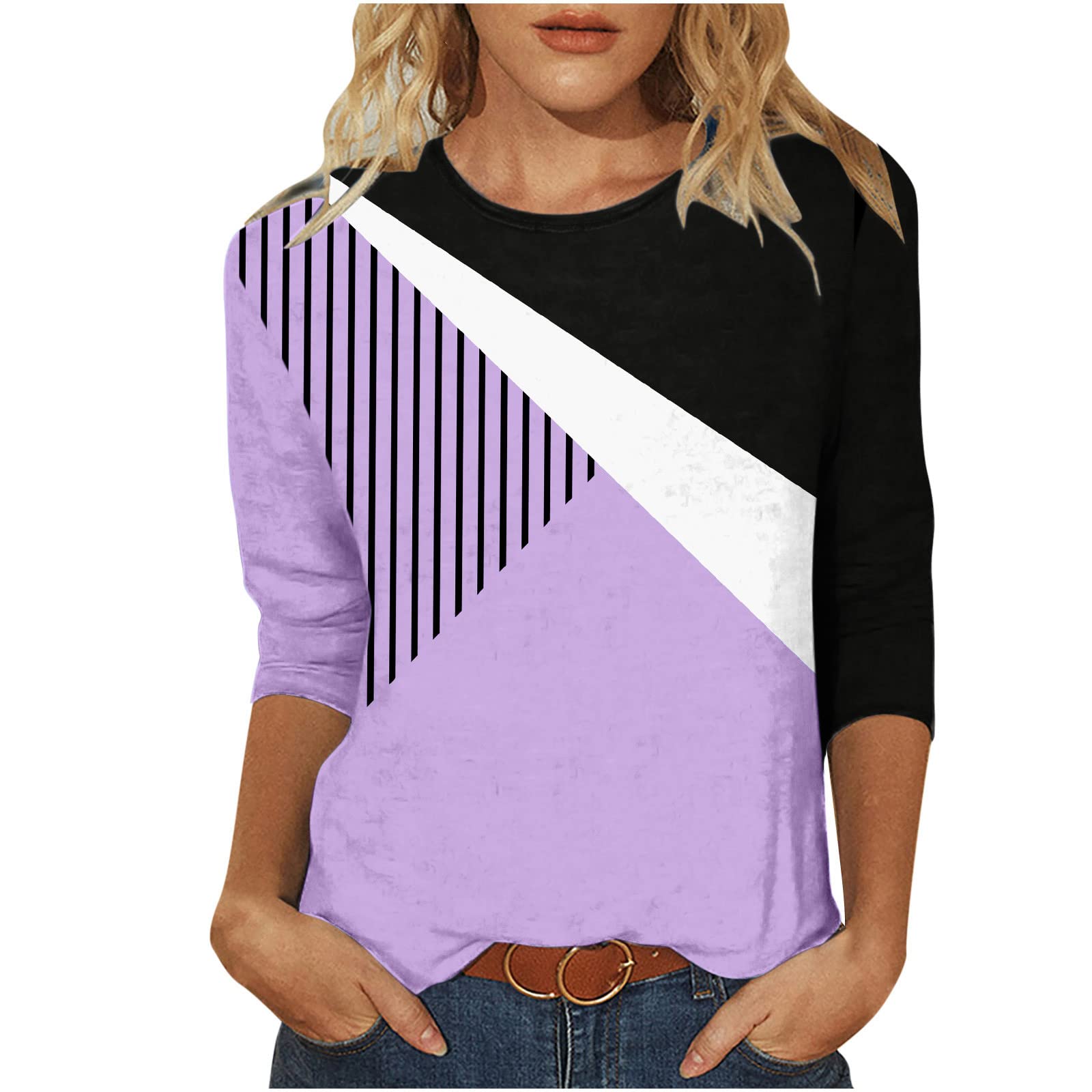 Trendy Women's Summer Tops - Color Block Stripe Print Round Neck 3/4 Sleeve Blouse | Retro Loose Fit Casual T-Shirt for Beach, Vacation & Everyday Wear