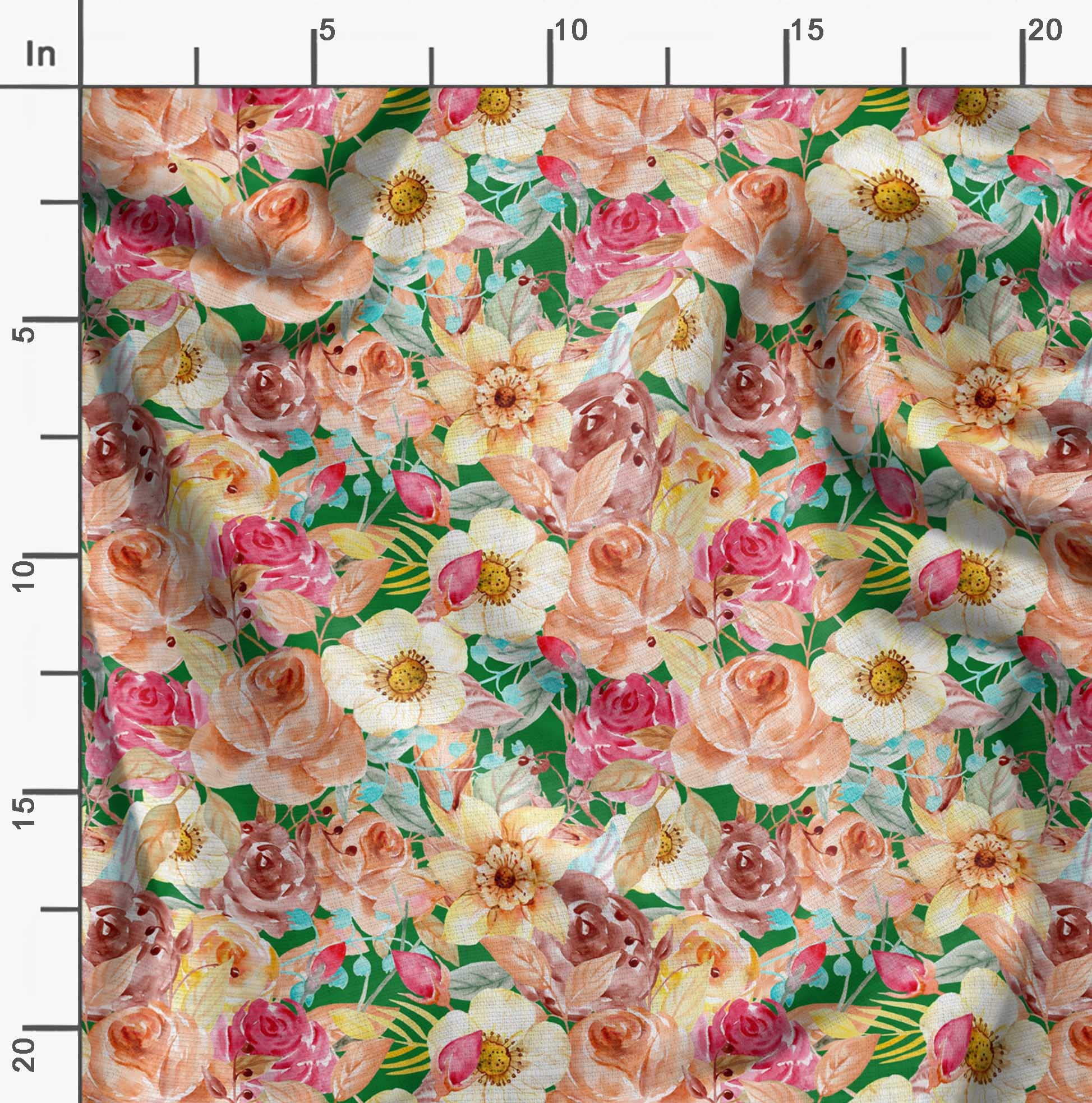 Soimoi Moss Green Georgette Fabric by The Yard - 42 Inch Wide Floral Printed Textile with Anemone & Roses Botanical Design for DIY Crafts, Dresses, Curtains & Home Decor