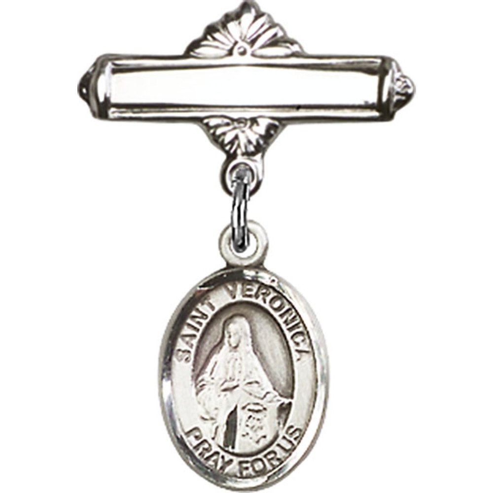 St. Veronica Sterling Silver Baby Badge with Charm & Polished Pin (1 X 5/8 inches) - Perfect for Christening, Baptism & First Communion Gifts